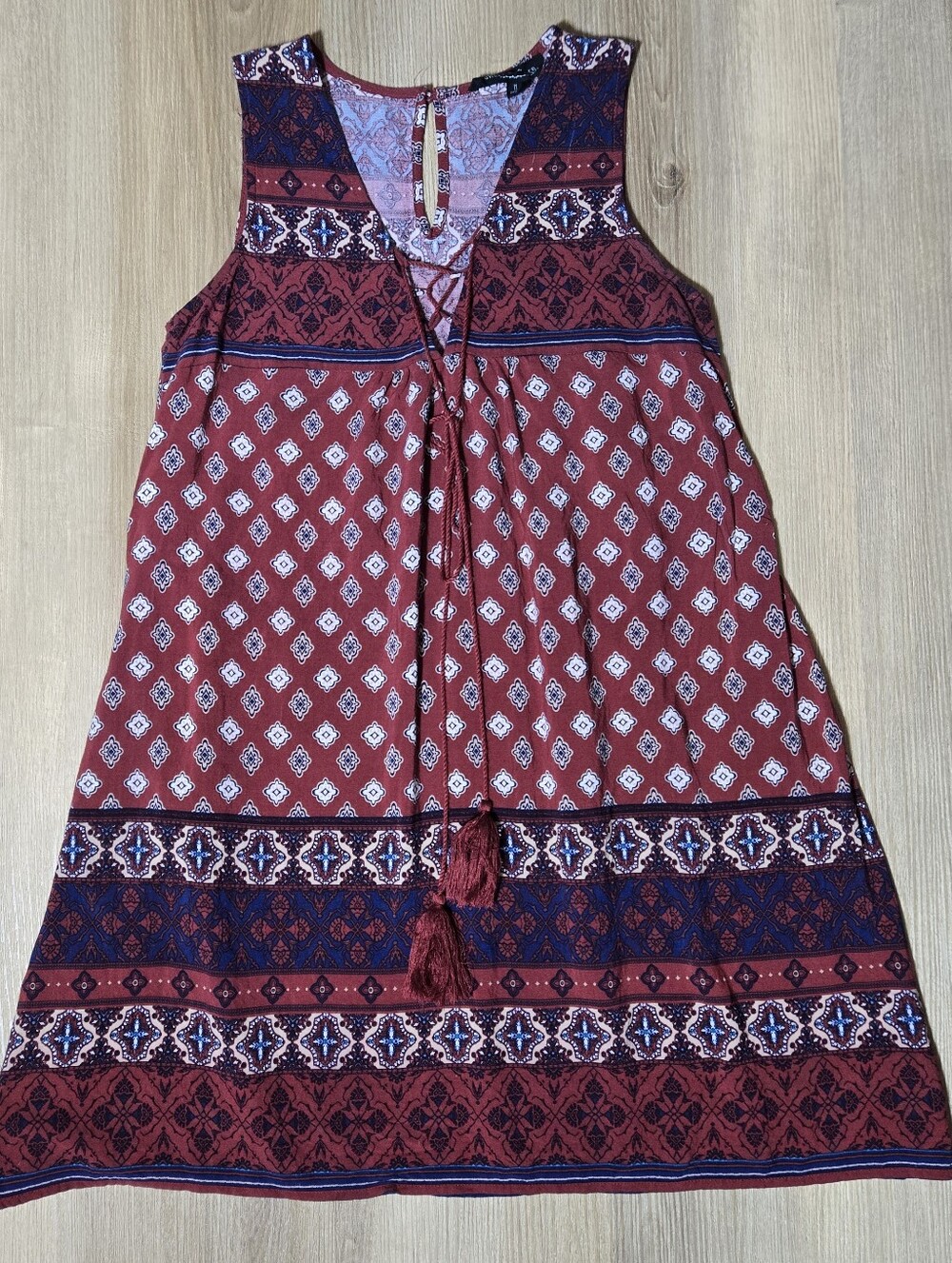 Sweet Wanderer Rust Red Patterned Tassel Sundress